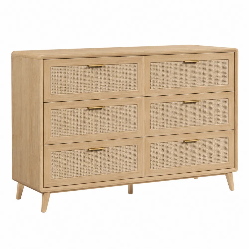 Cassettiera in legno e paglia intrecciata con 6 cassetti 120x40x80 cm