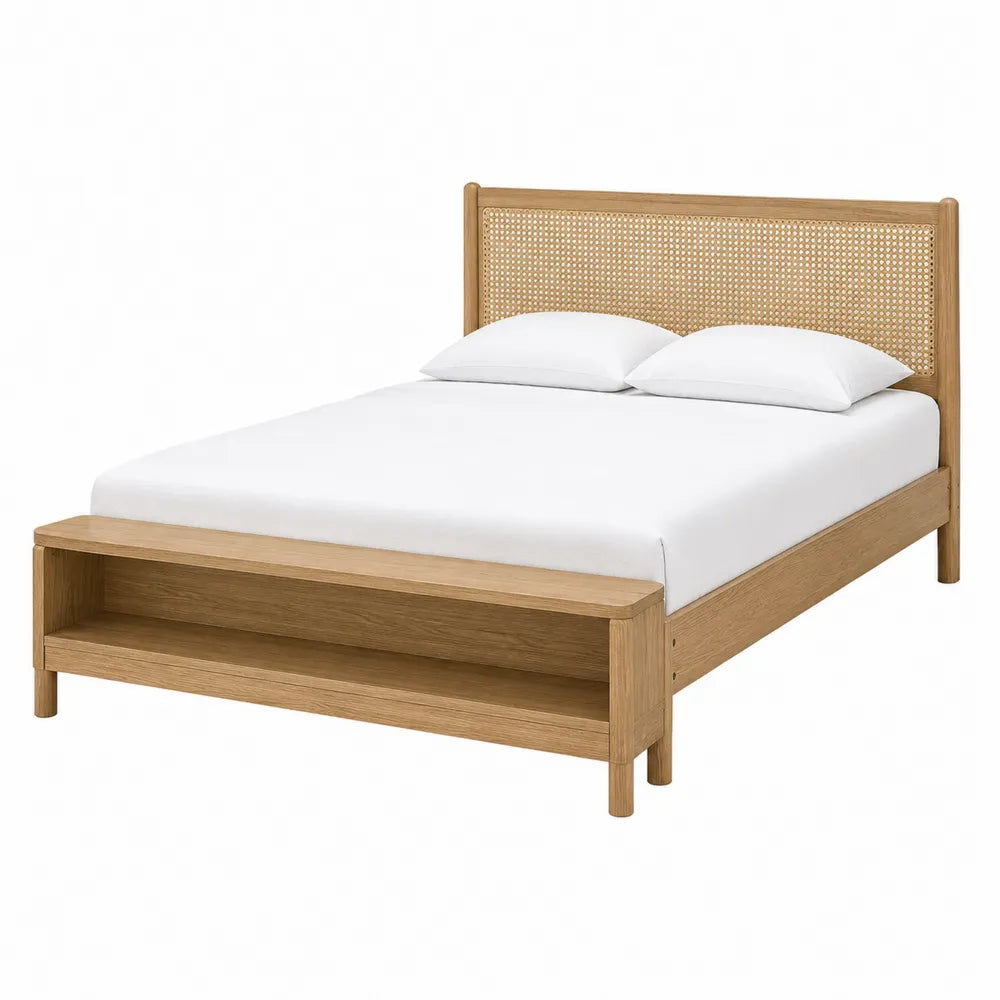 Letto matrimoniale in legno di rovere e rattan intrecciato con ripiano