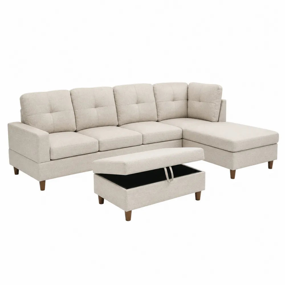 Divano ad angolo in tessuto beige con pouf contenitore
