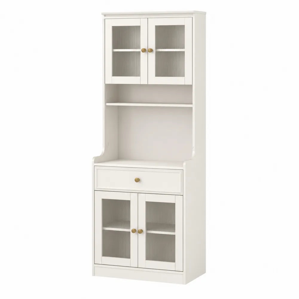 Credenza alta in legno con ante in vetro temperato bianco, 80x42x185 cm