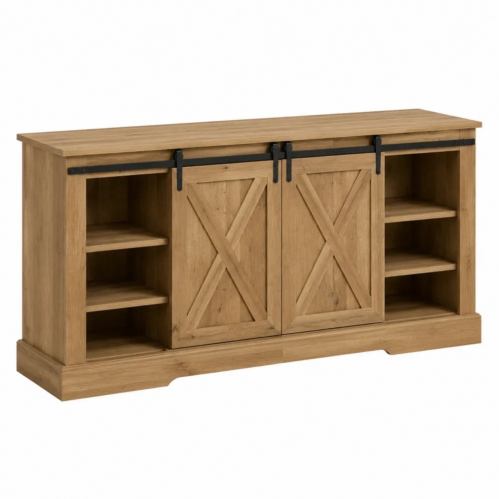 Credenza in legno con ante scorrevoli e ripiani