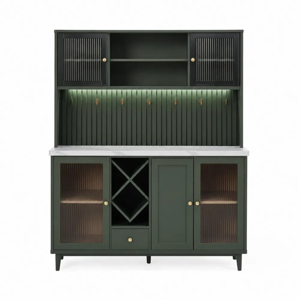 Credenza in Legno Verde Scuro con Ripiano in Marmo e Ante in Vetro