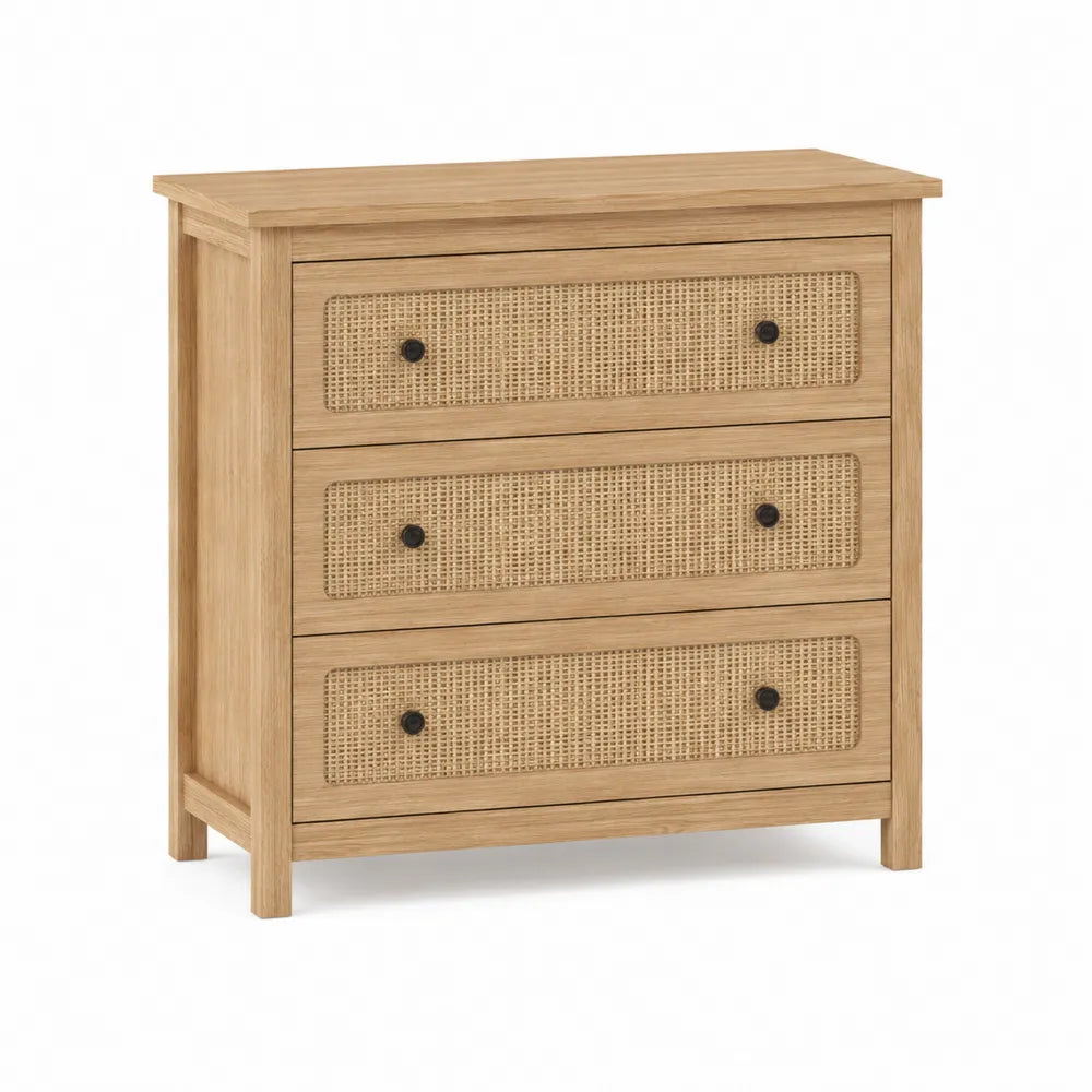 Cassettiera in legno con frontali in rattan naturale, 3 cassetti