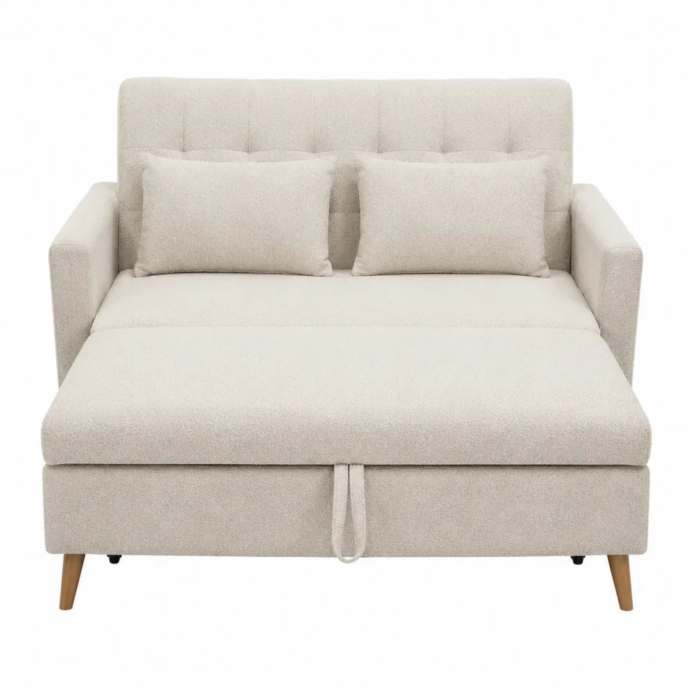 Divano letto in tessuto poliestere crema con gambe in legno, 180 cm