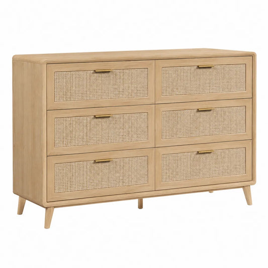 Cassettiera in legno e paglia intrecciata con 6 cassetti 120x40x80 cm