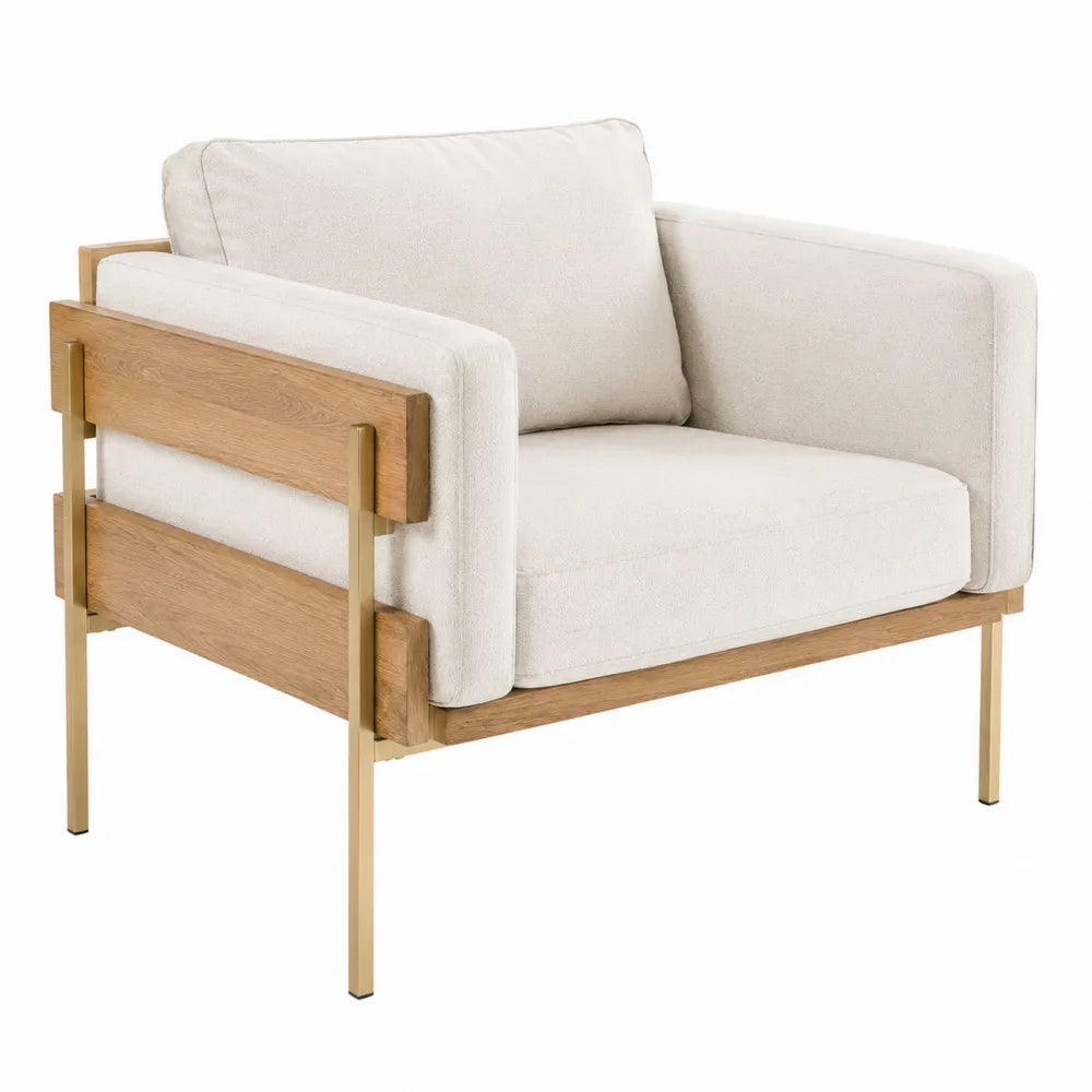 Poltrona in tessuto beige con struttura in legno e gambe in metallo