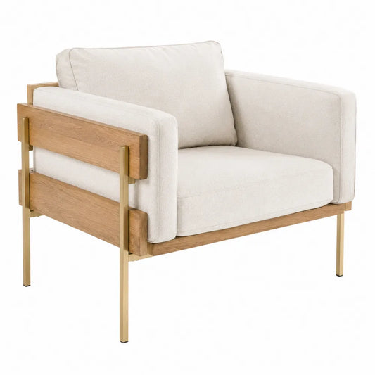 Poltrona in tessuto beige con struttura in legno e gambe in metallo
