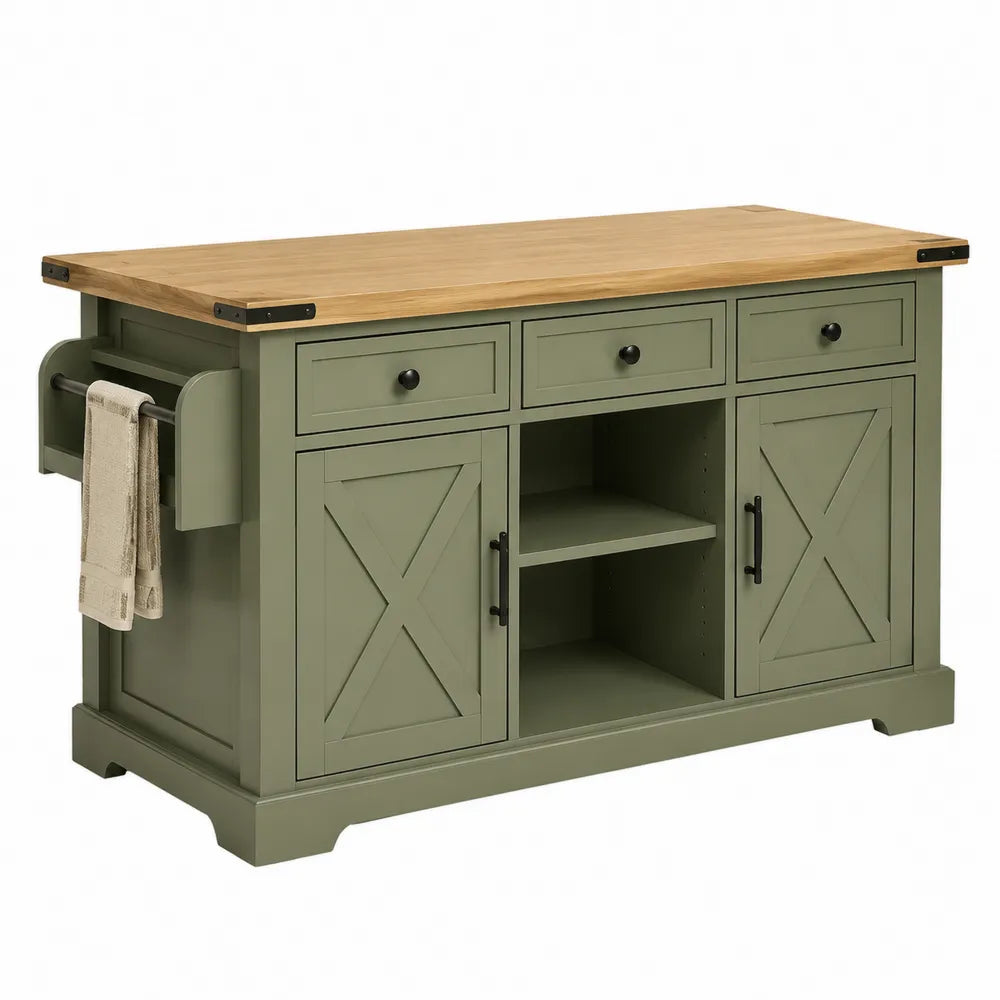 Isola cucina in legno con 3 cassetti verde