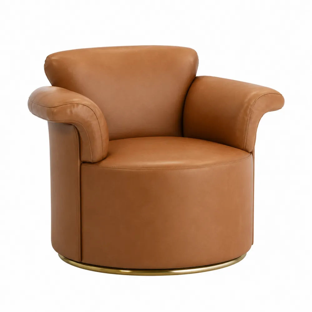 Poltrona Rotonda in Pelle e Metallo Marrone
