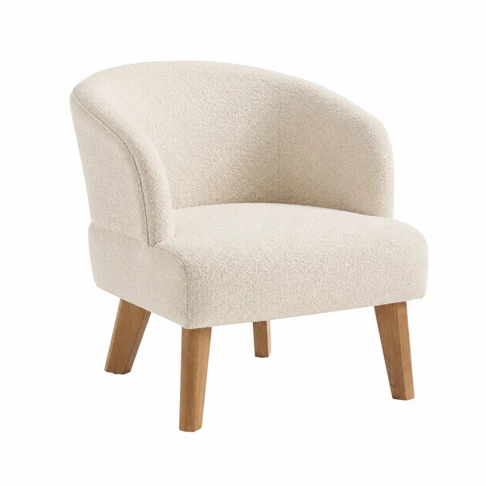 Poltrona in tessuto bouclé beige con gambe in legno