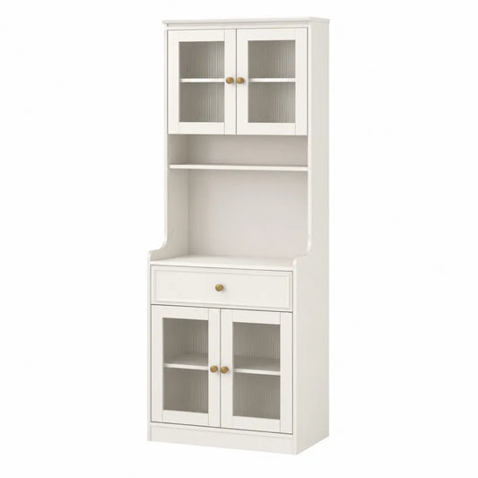 Credenza alta in legno con ante in vetro temperato bianco, 80x42x185 cm