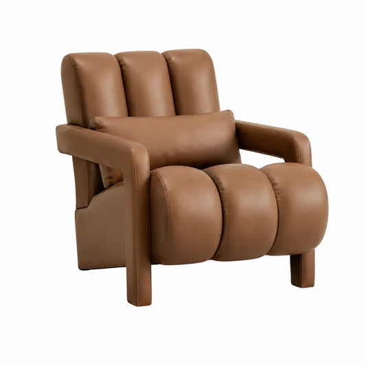 Poltrona in pelle PU marrone con struttura in legno