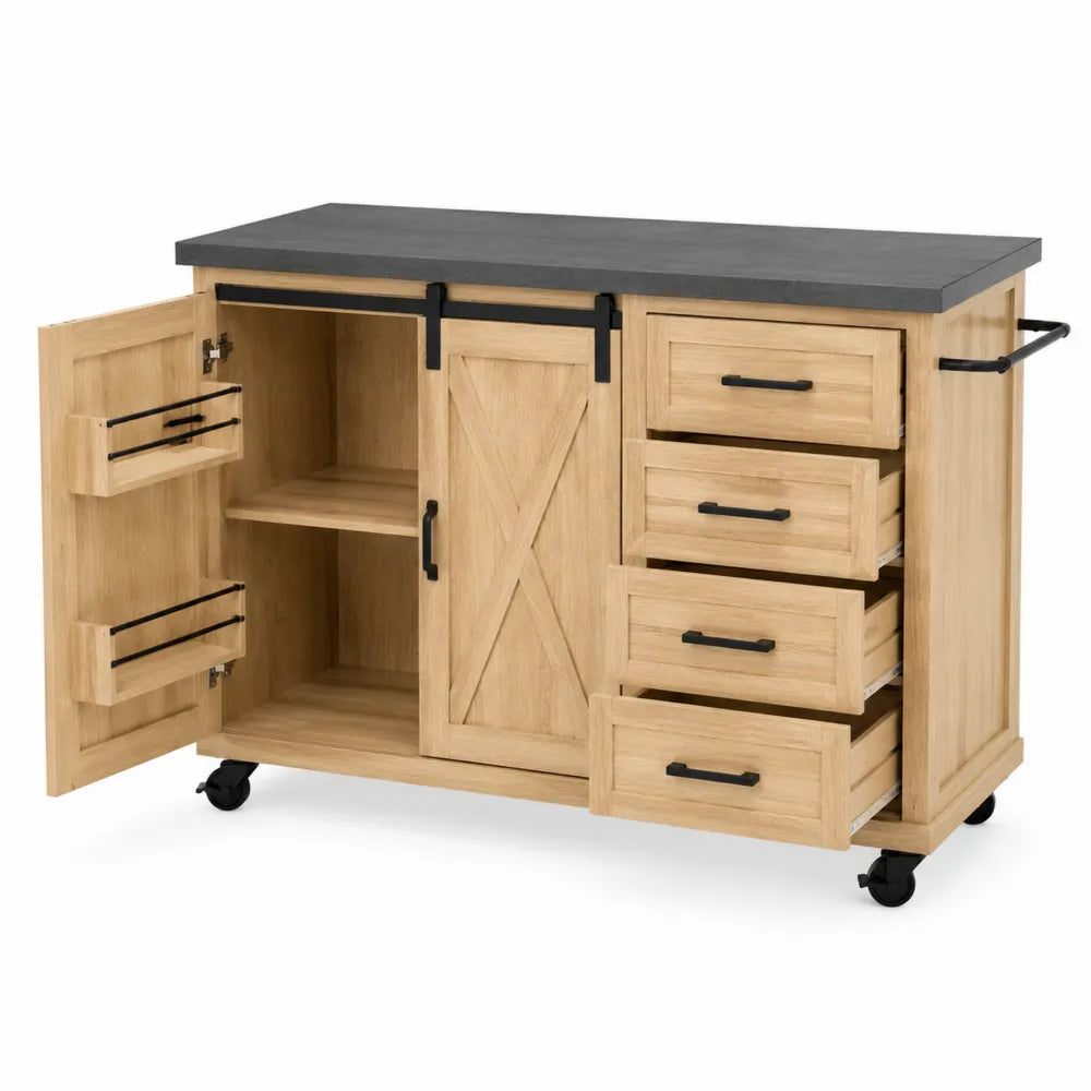 Carrello cucina in legno con cassetti e porta scorrevole