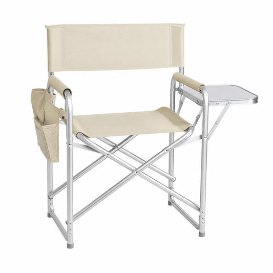 Sedia pieghevole in alluminio con tavolino e tasca laterale, tessuto beige
