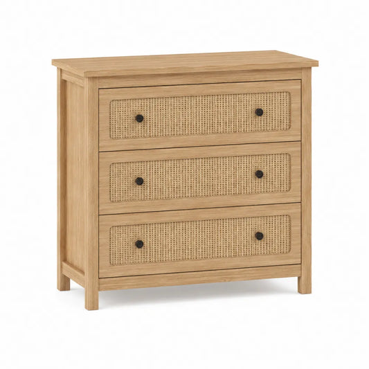 Cassettiera in legno con frontali in rattan naturale, 3 cassetti