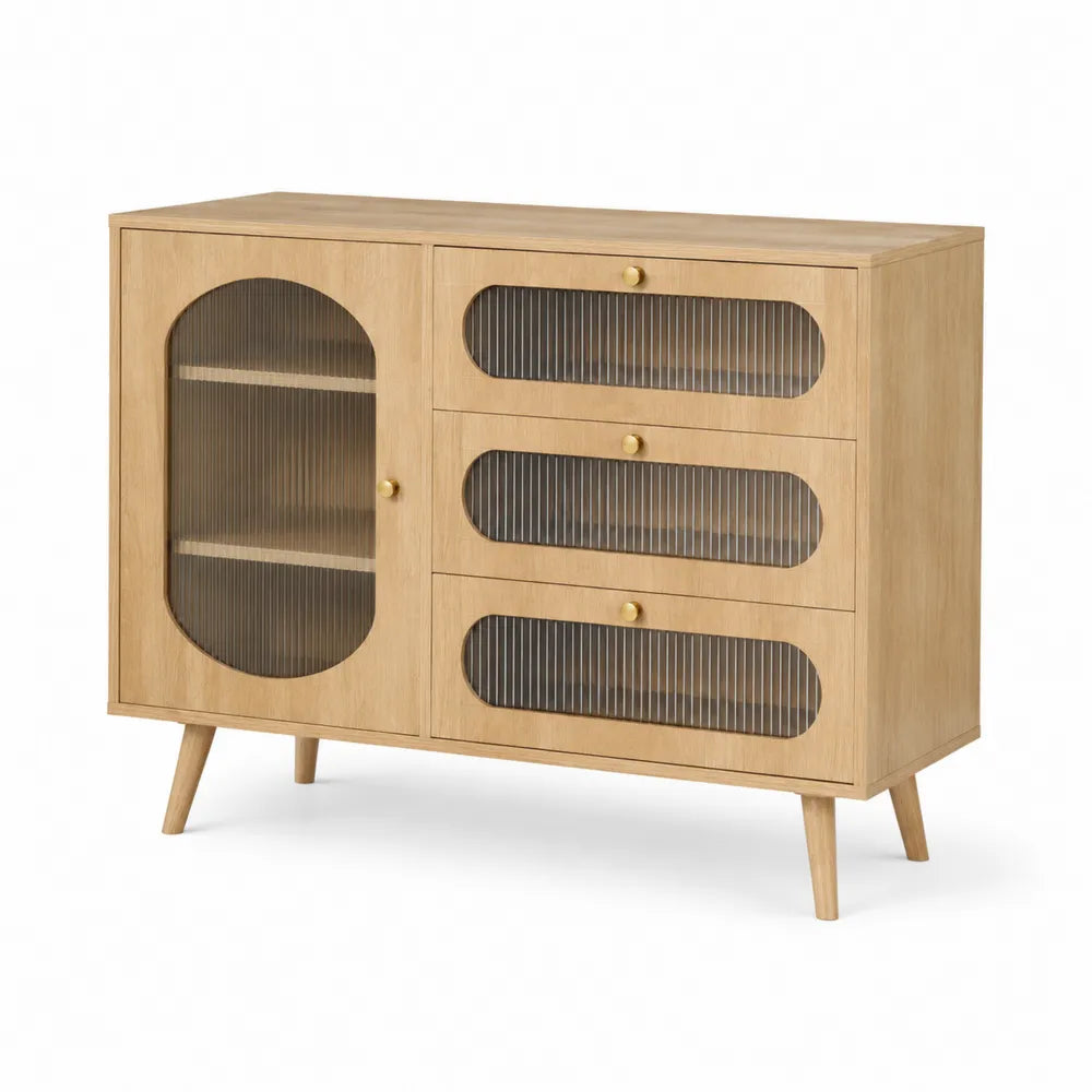 Credenza in legno con ante in vetro scanalato