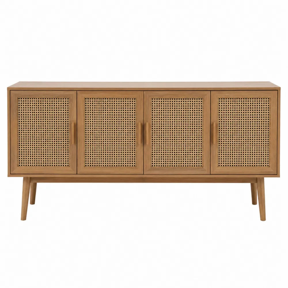 Credenza in legno di rovere con ante in rattan marrone chiaro