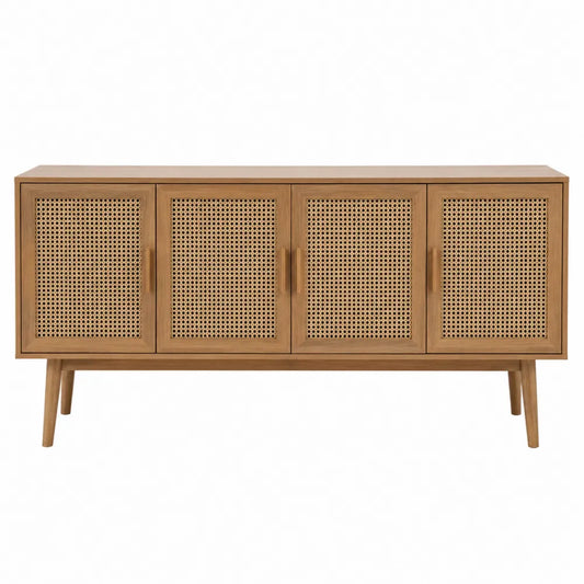 Credenza in legno di rovere con ante in rattan marrone chiaro