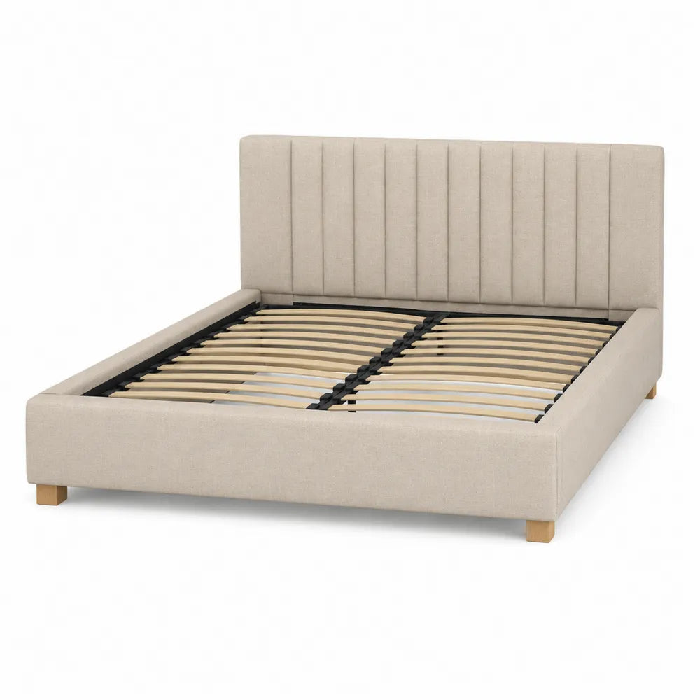 Letto matrimoniale in legno e tessuto beige 200x160cm
