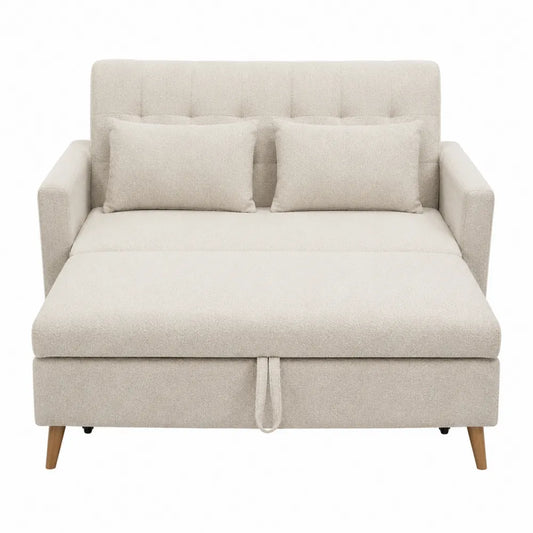 Divano letto in tessuto poliestere crema con gambe in legno, 180 cm