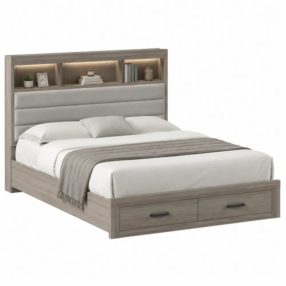 Letto matrimoniale in legno con testiera imbottita e cassetti